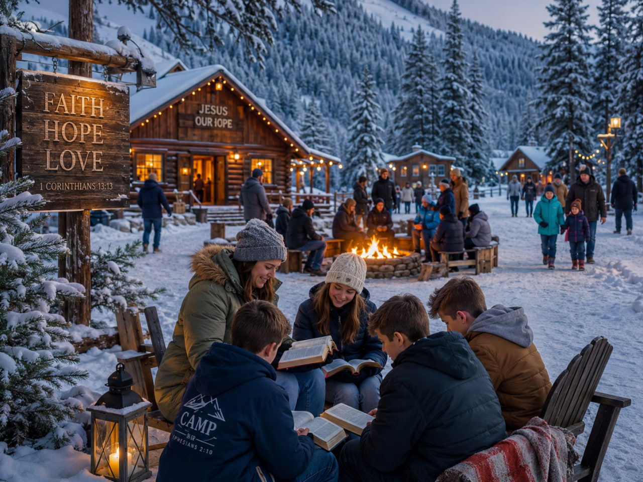 Participants studying the Bible together at a winter Christian camp